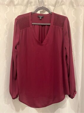 le chateau Burgundy V-Neck Smocked Shoulder Blouse